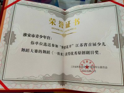 “梦想花开”江苏省首届少儿舞蹈大赛的舞蹈《一粒米》获优秀原创剧目奖